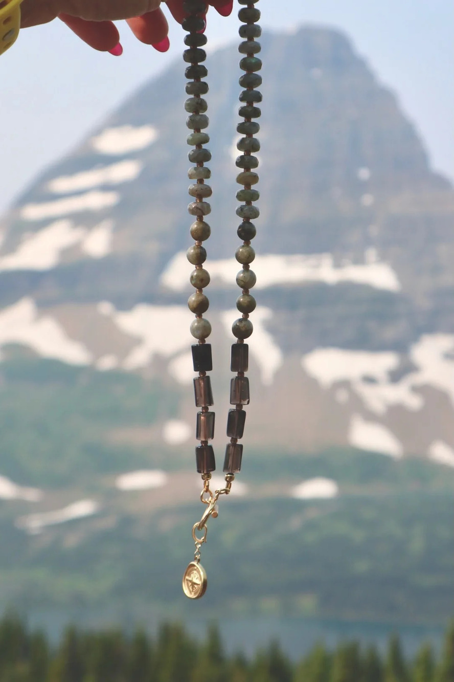 Ridge - Labradorite & Smoky Quartz Compass Charm Gemstone Necklace 22in